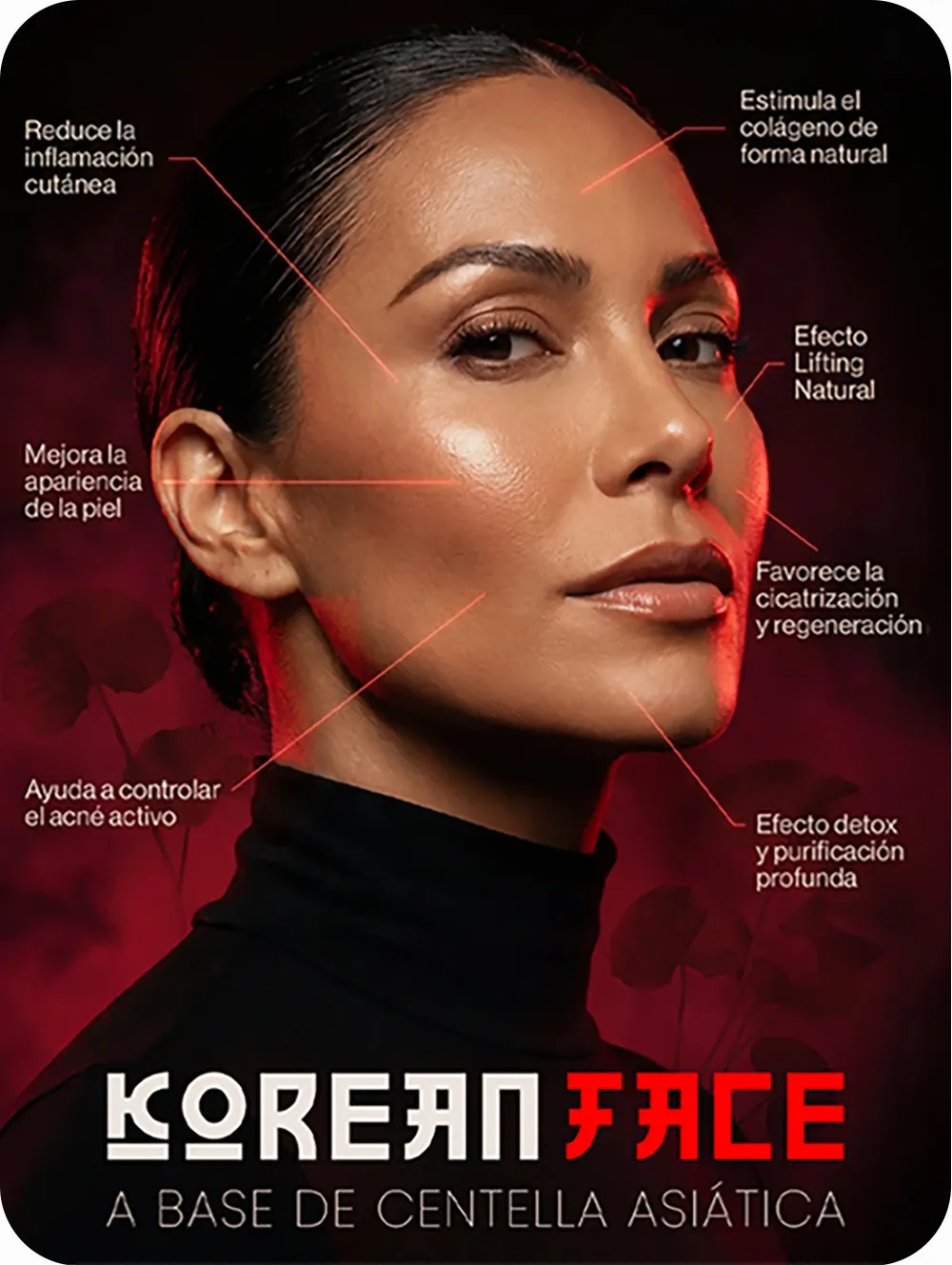 Korean Face by Santa María, a base de centella asiática. Reduce la inflamación cutánea, mejora la apariencia de la piel, ayuda a controlar el acné activo, estimula el colágeno de forma natural, efecto lifting natural, favorece la cicatrización y regeneración, y efecto detox y purificación profunda.